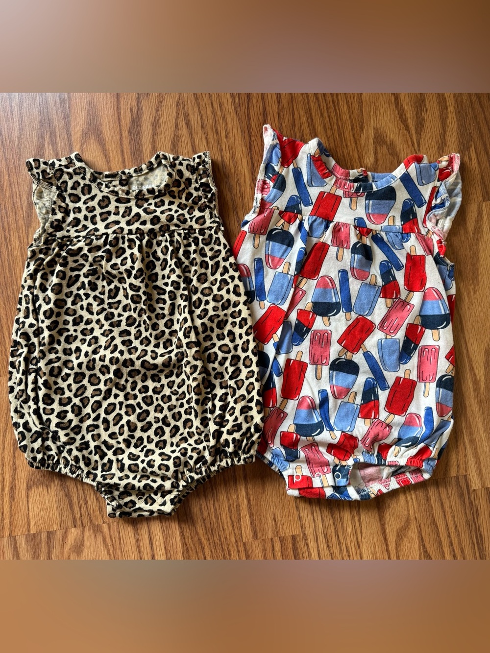 Old Navy Leopard Print & RED WHITE BLUE Popsicle Cotton Rompers - Bubbles